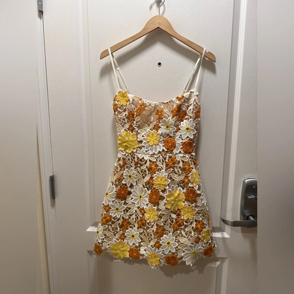 Helsi Floral Lace Fit & Flare Mini Dress in Orange and White Size XS - Picture 2 of 7